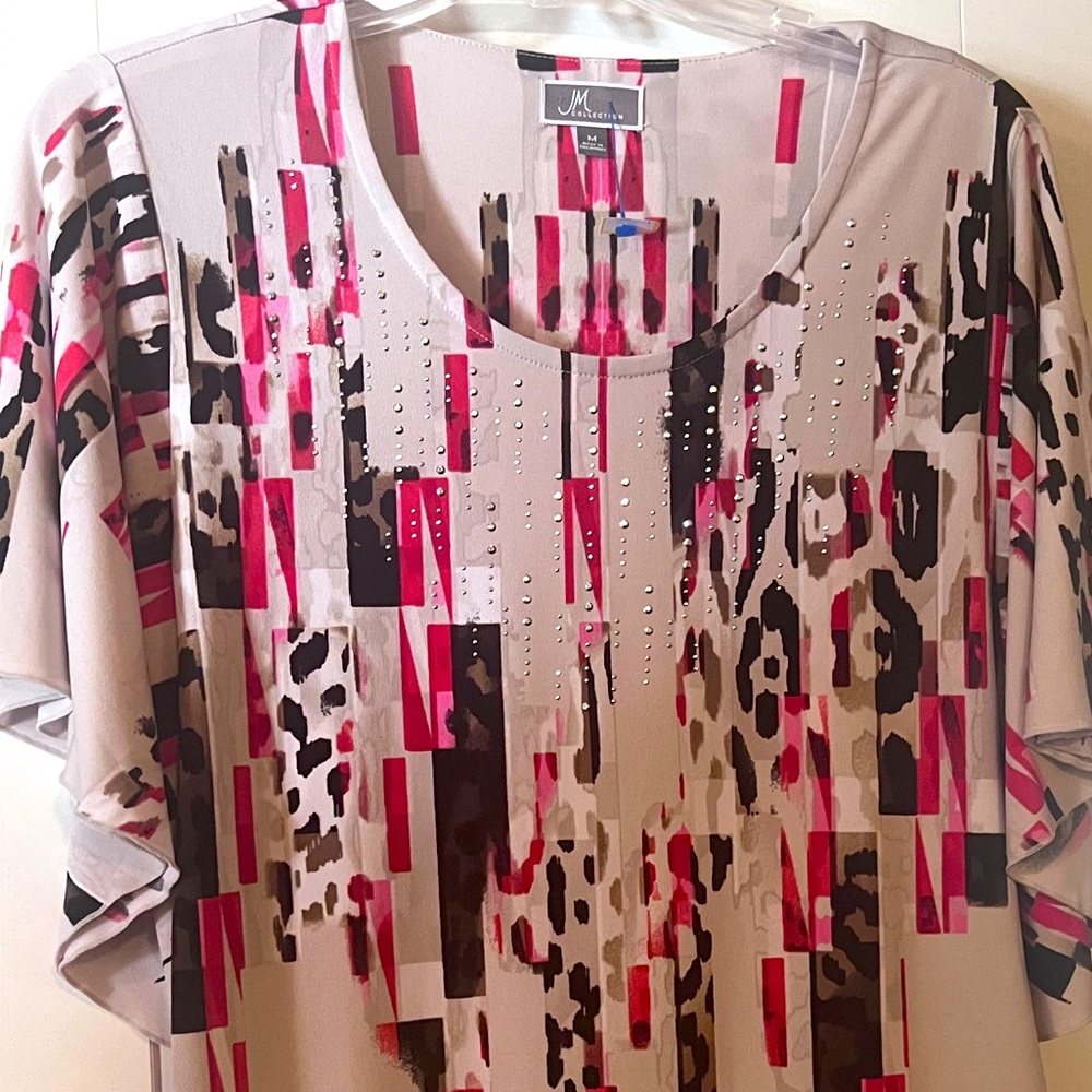 JM Collection Blouse Shirt Women's Size Medium watercolors Crew Neck embellished